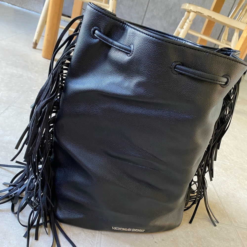 SALS Victoria Secret black leather drawstring bag